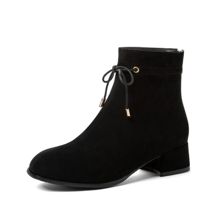 ショートブーツ 編み上げリボン付きレザーショートブーツ