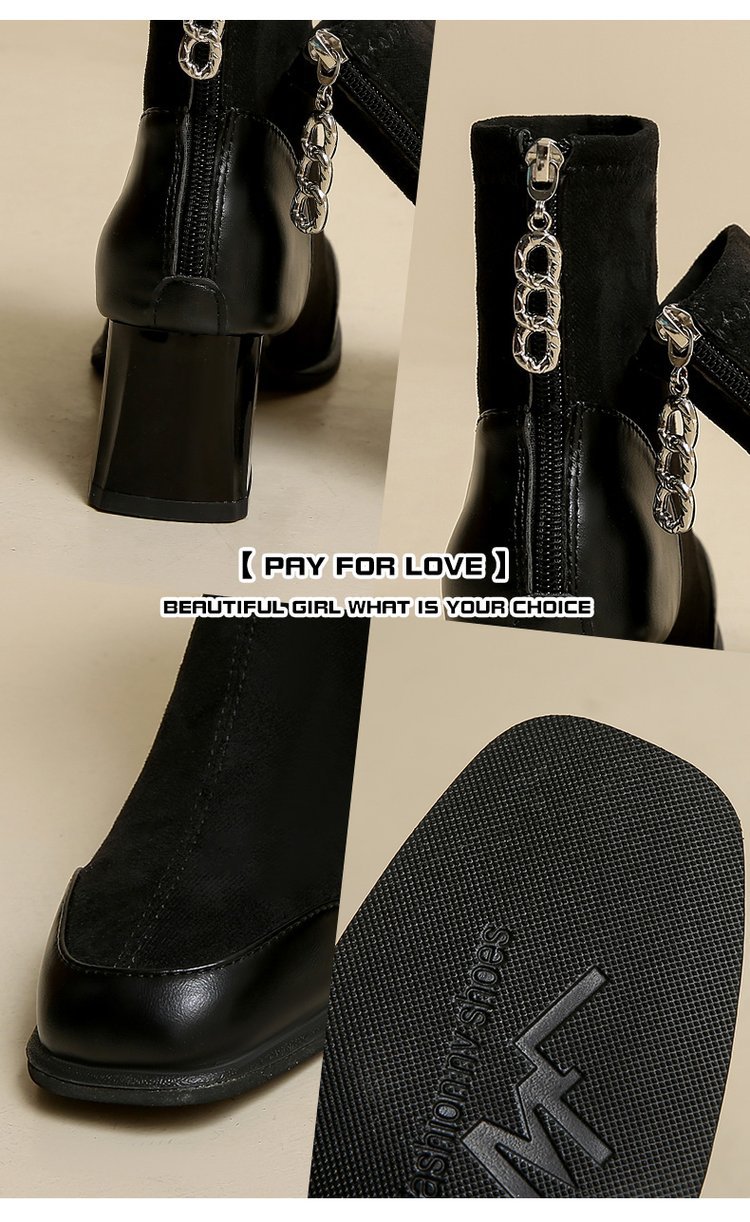 ショートブーツ 上品な太めヒール本革ショートブーツ