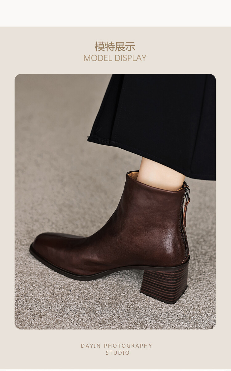 ショートブーツ 本革太め中跟筒状短靴