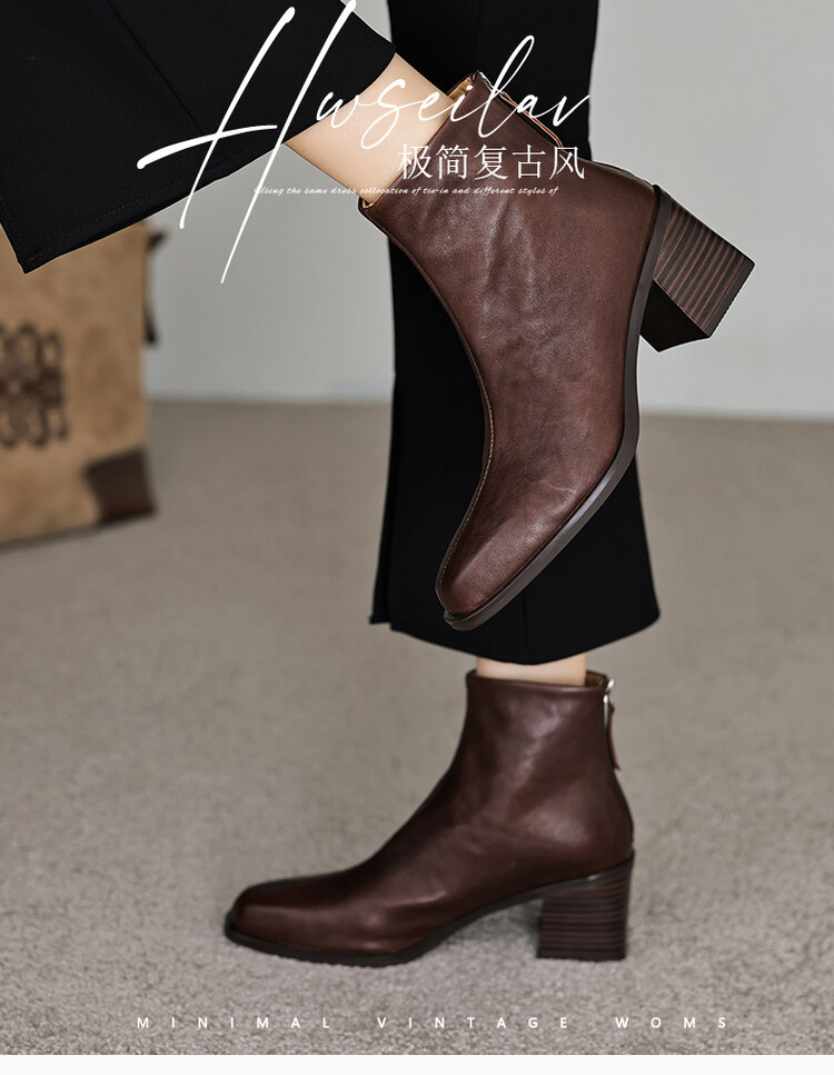 ショートブーツ 本革太め中跟筒状短靴