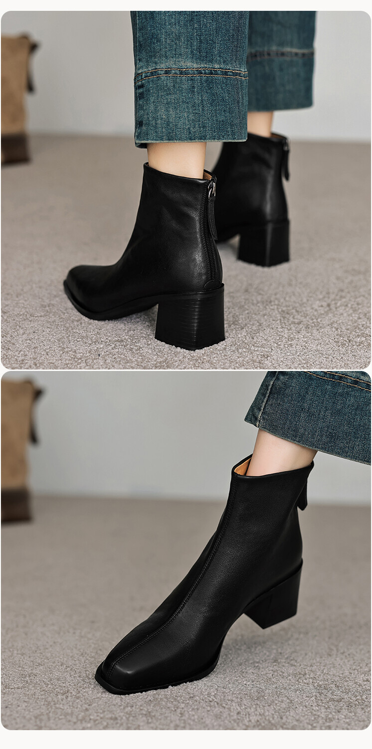 ショートブーツ 本革太め中跟筒状短靴