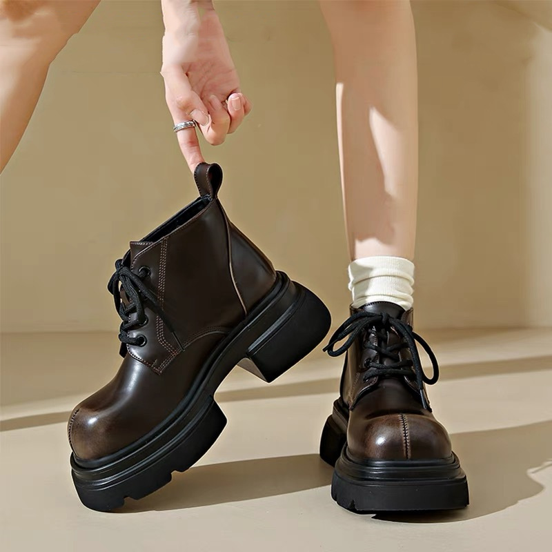 ショートブーツ 厚底プラットフォーム編み上げショートブーツ