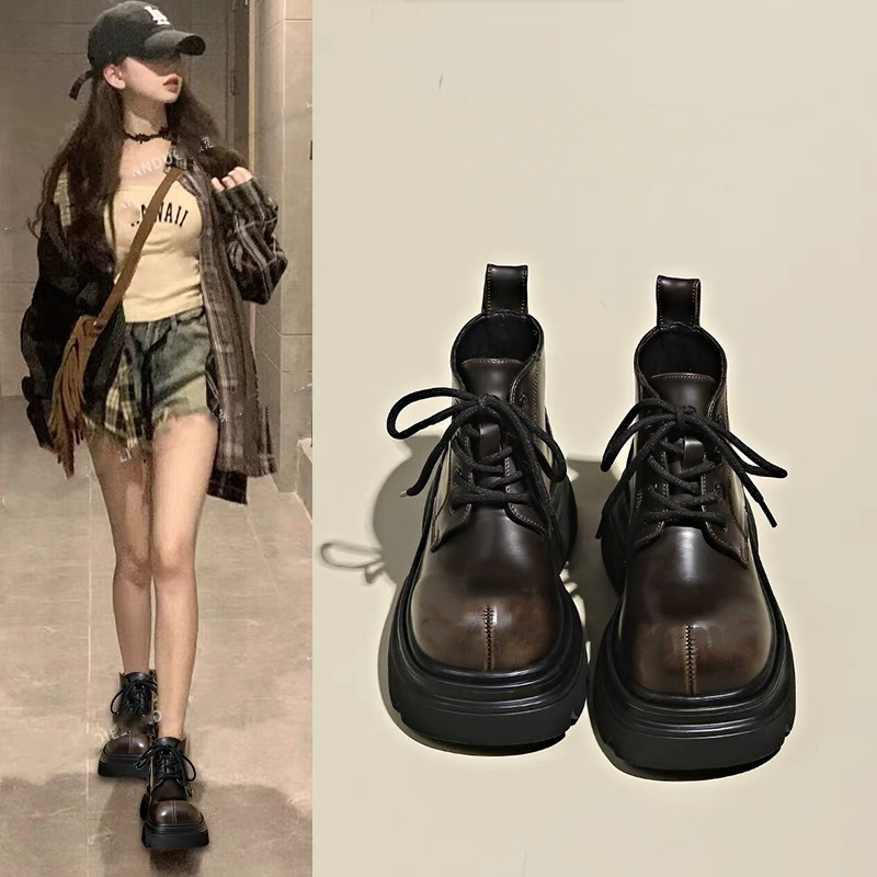 ショートブーツ 厚底プラットフォーム編み上げショートブーツ