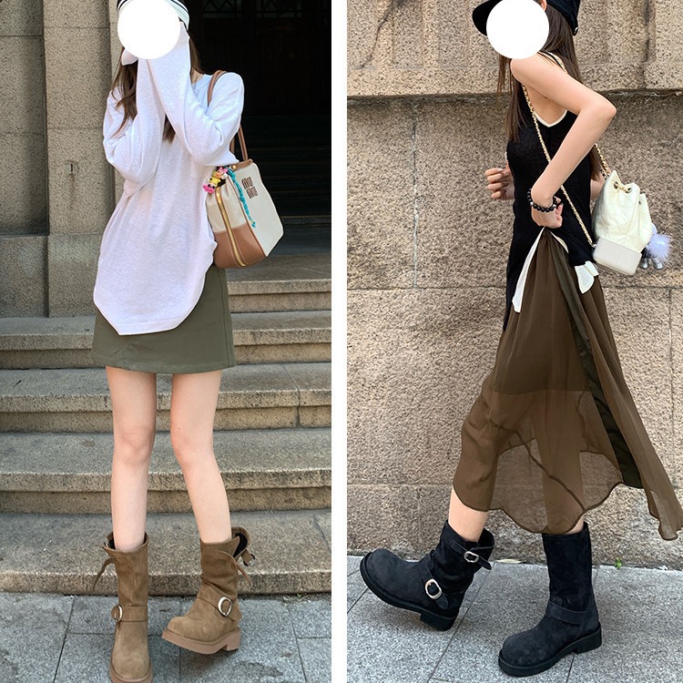 ショートブーツ 金属バックル付きサイドジップショートブーツ