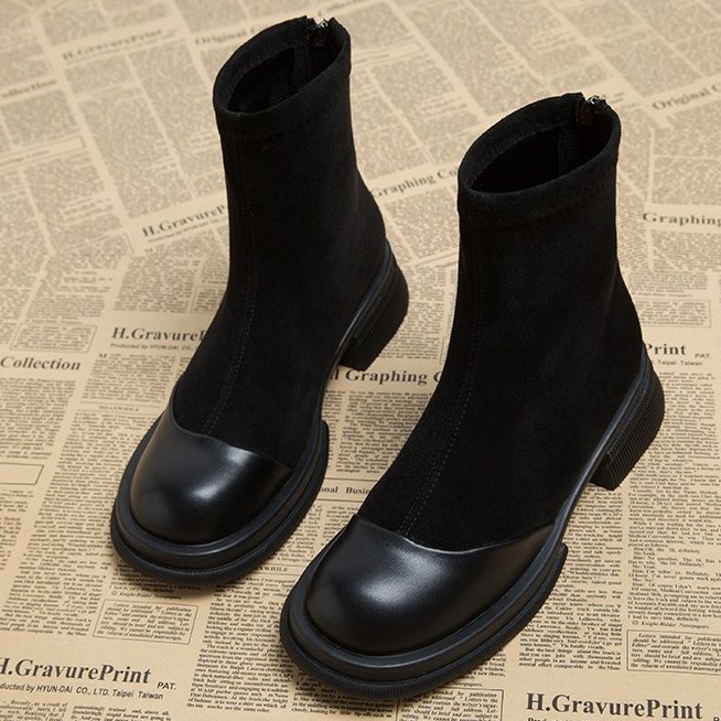 ショートブーツ 本革切替デザインソックス風ショートブーツ