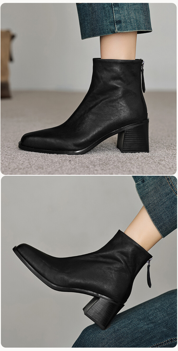 ショートブーツ 本革太め中跟筒状短靴