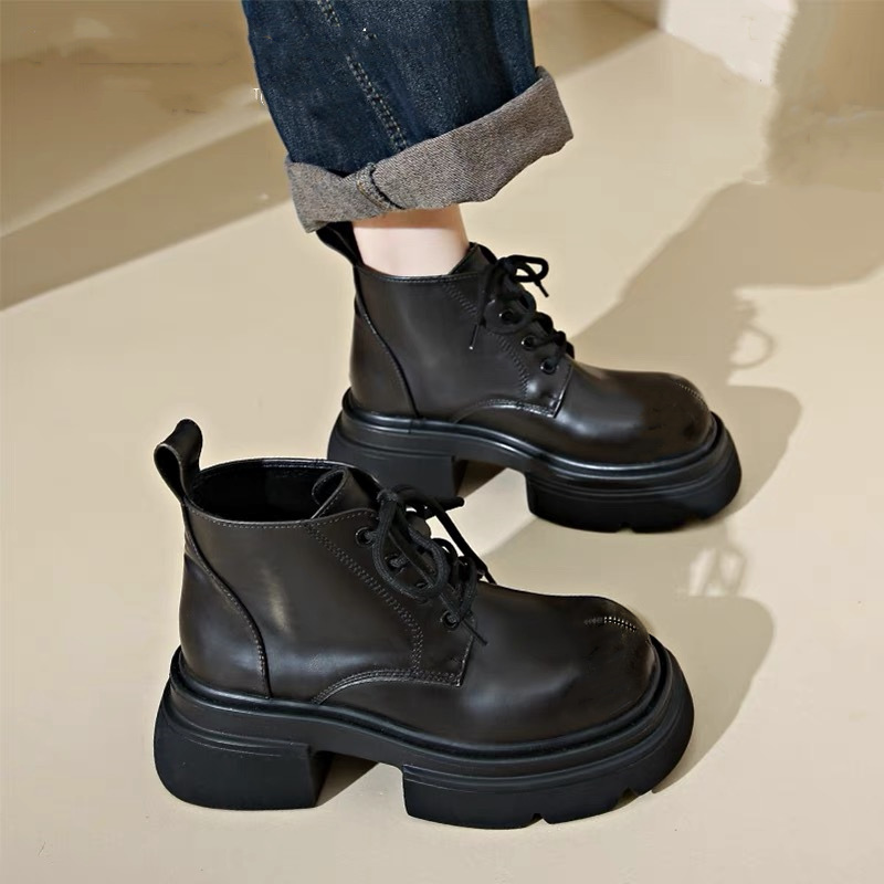 ショートブーツ 厚底プラットフォーム編み上げショートブーツ