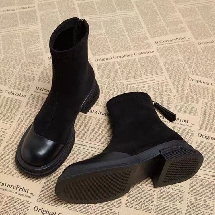 ショートブーツ 本革切替デザインソックス風ショートブーツ