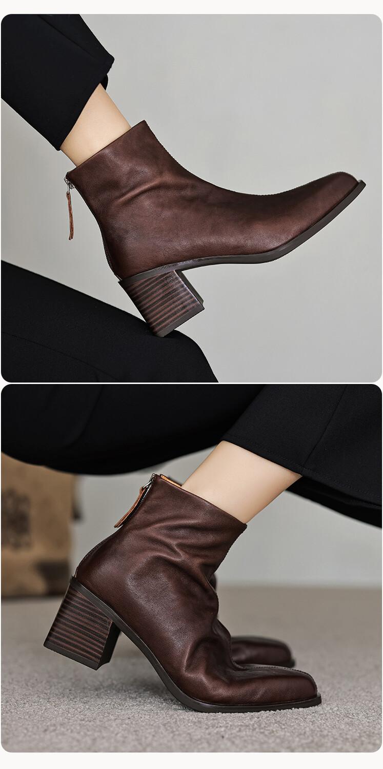 ショートブーツ 本革太め中跟筒状短靴