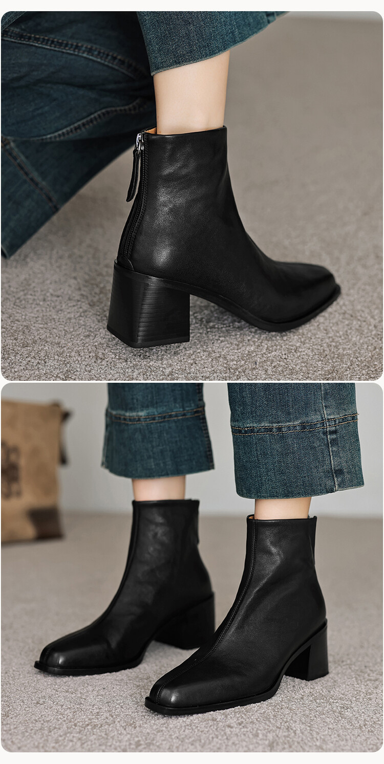 ショートブーツ 本革太め中跟筒状短靴