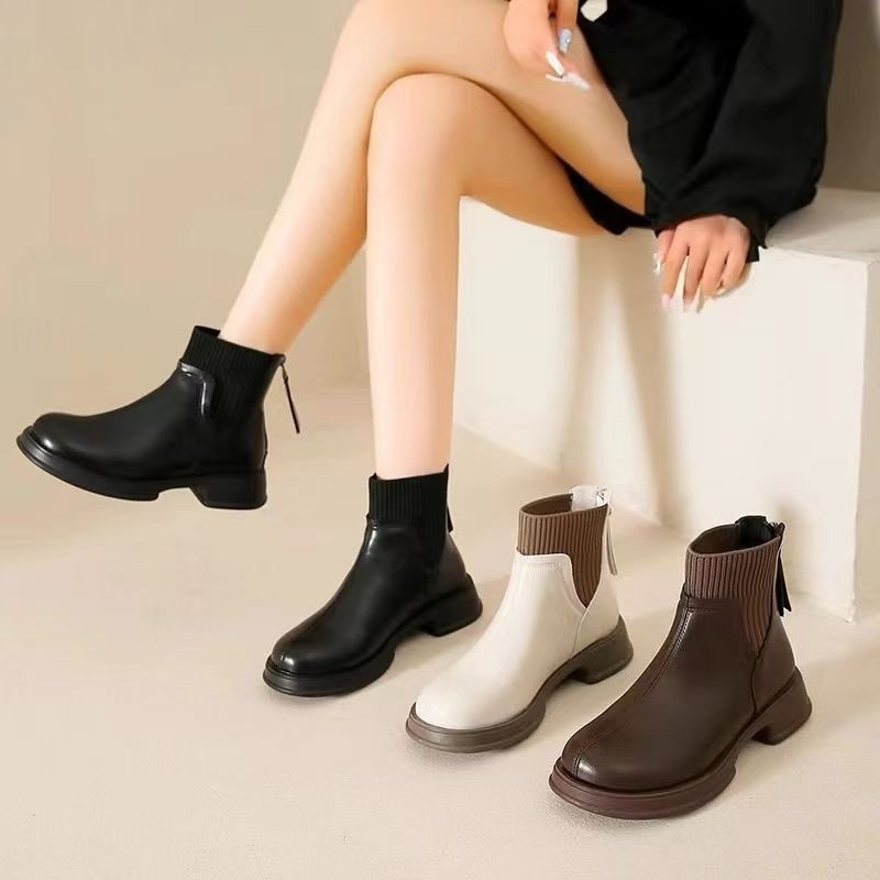 ショートブーツ リブニット切り替え本革ショートブーツ