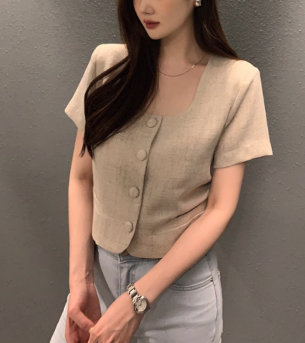 骨格ストレートスクエアネック半袖トップス