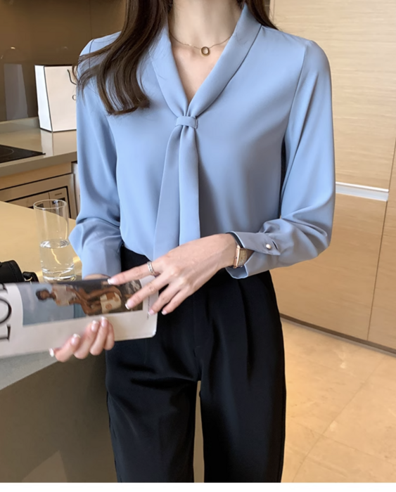 骨格ストレートパールボウタイブラウス
