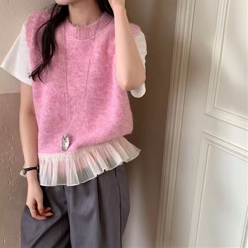 骨格ウェーブチュールフリルニットベスト