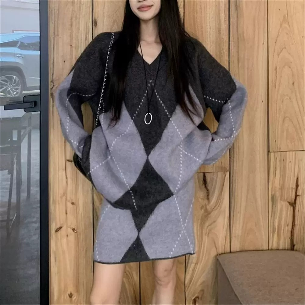 骨格ストレートVネックアーガイルトップスミニスカートセットアップ