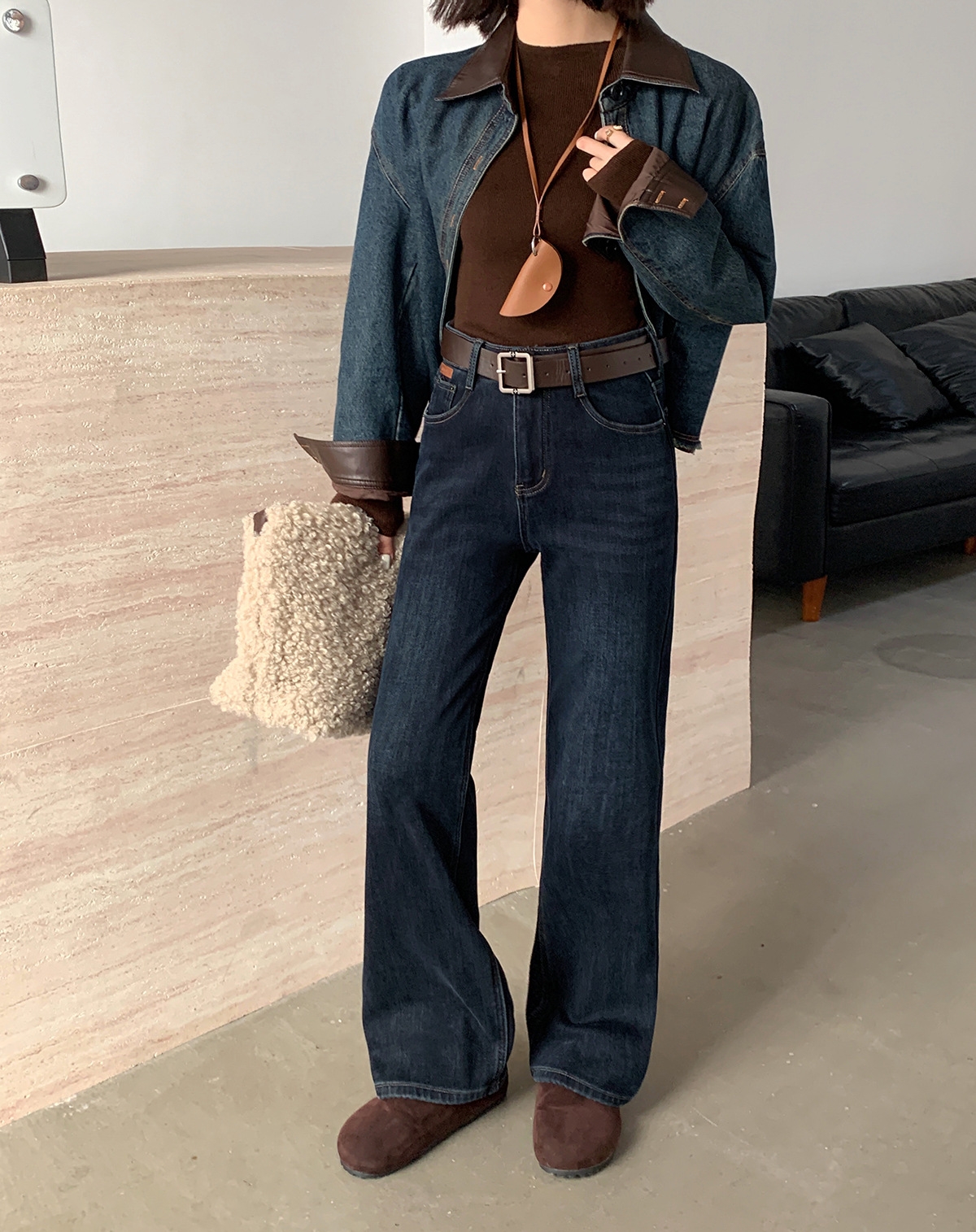 骨格ストレート裏起毛ストレートデニムパンツ