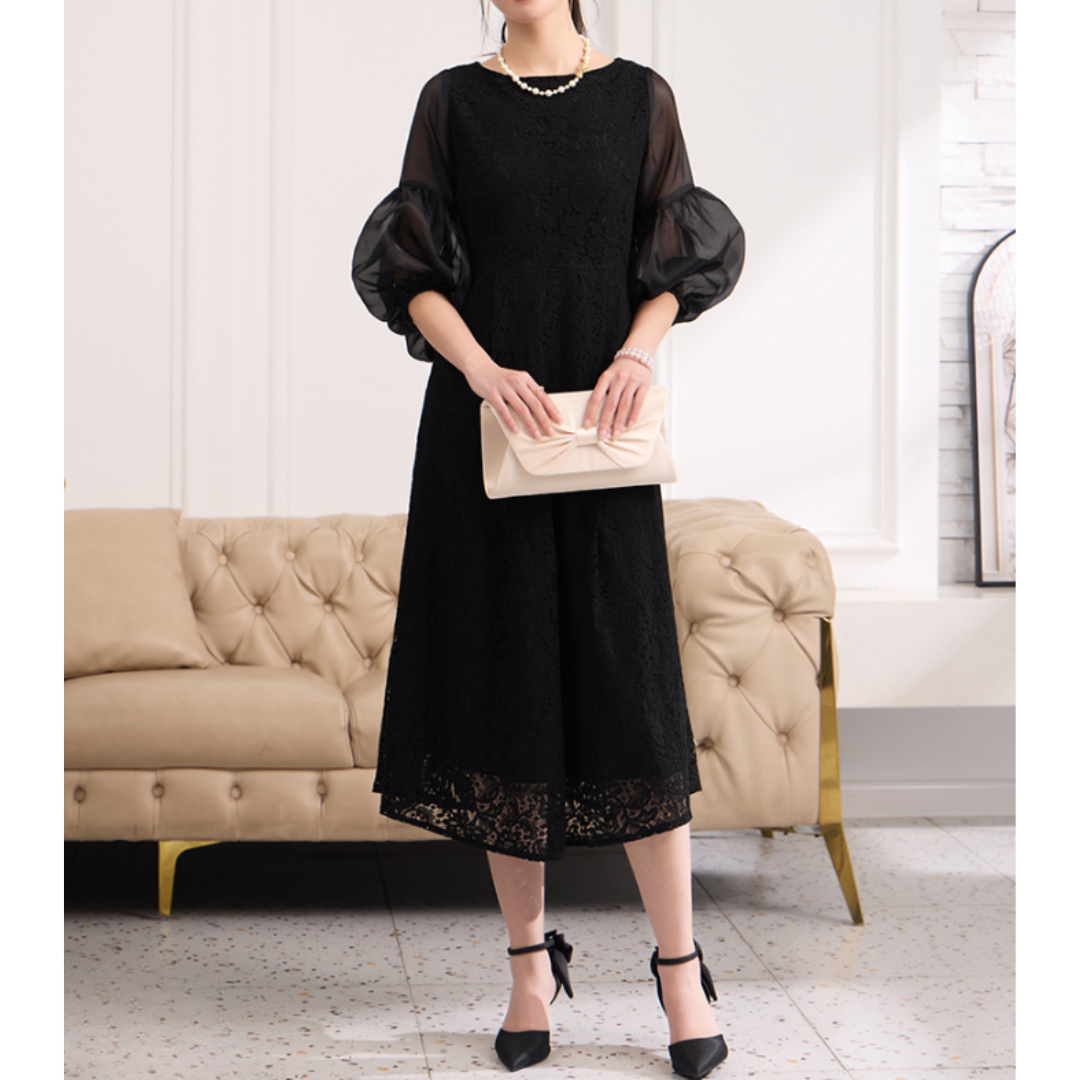 骨格ウェーブパフスリーブレースワンピース