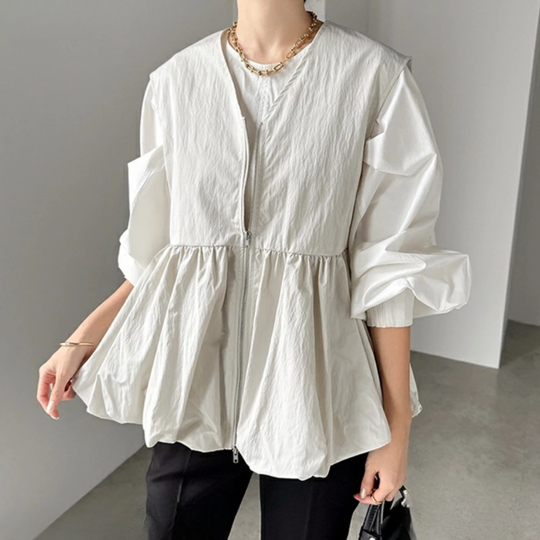 骨格ウェーブVネックへプラムバルーンベスト