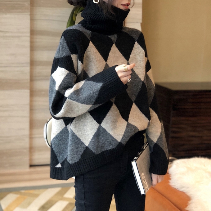 骨格ストレートアーガイルニットトップス