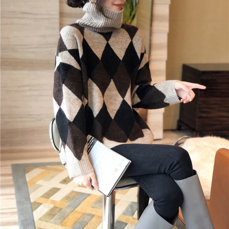 骨格ストレートアーガイルニットトップス