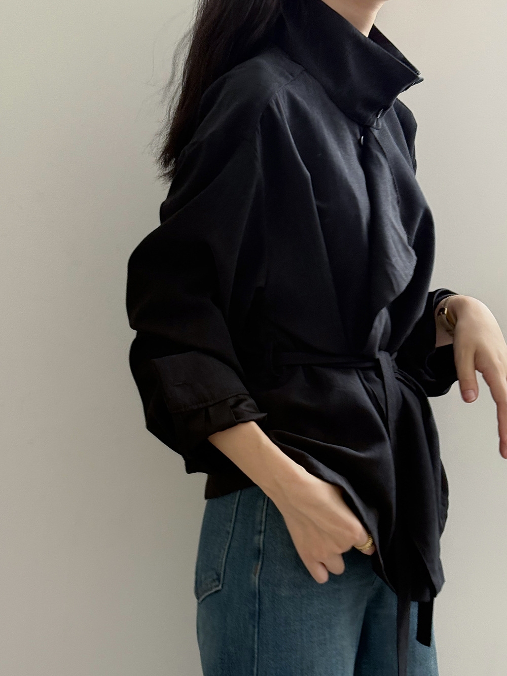 骨格ストレートスタンドカラーシャツトップス