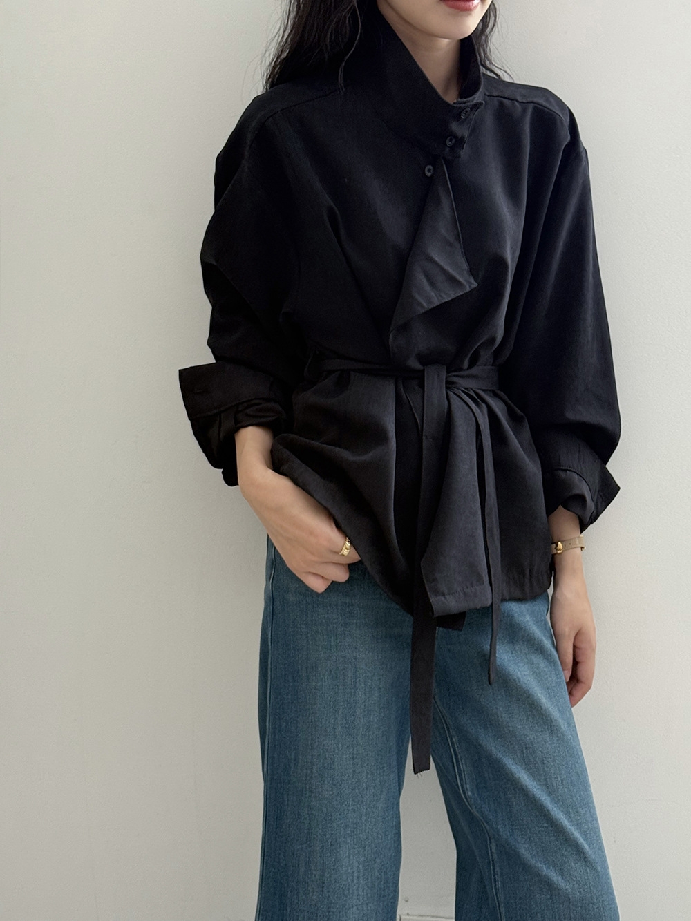 骨格ストレートスタンドカラーシャツトップス