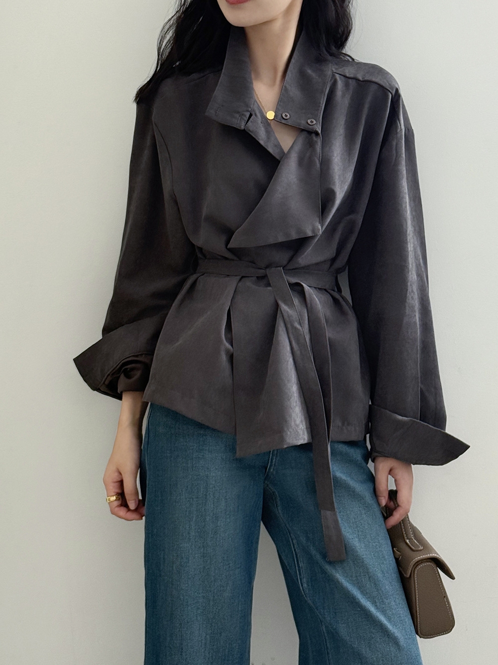 骨格ストレートスタンドカラーシャツトップス