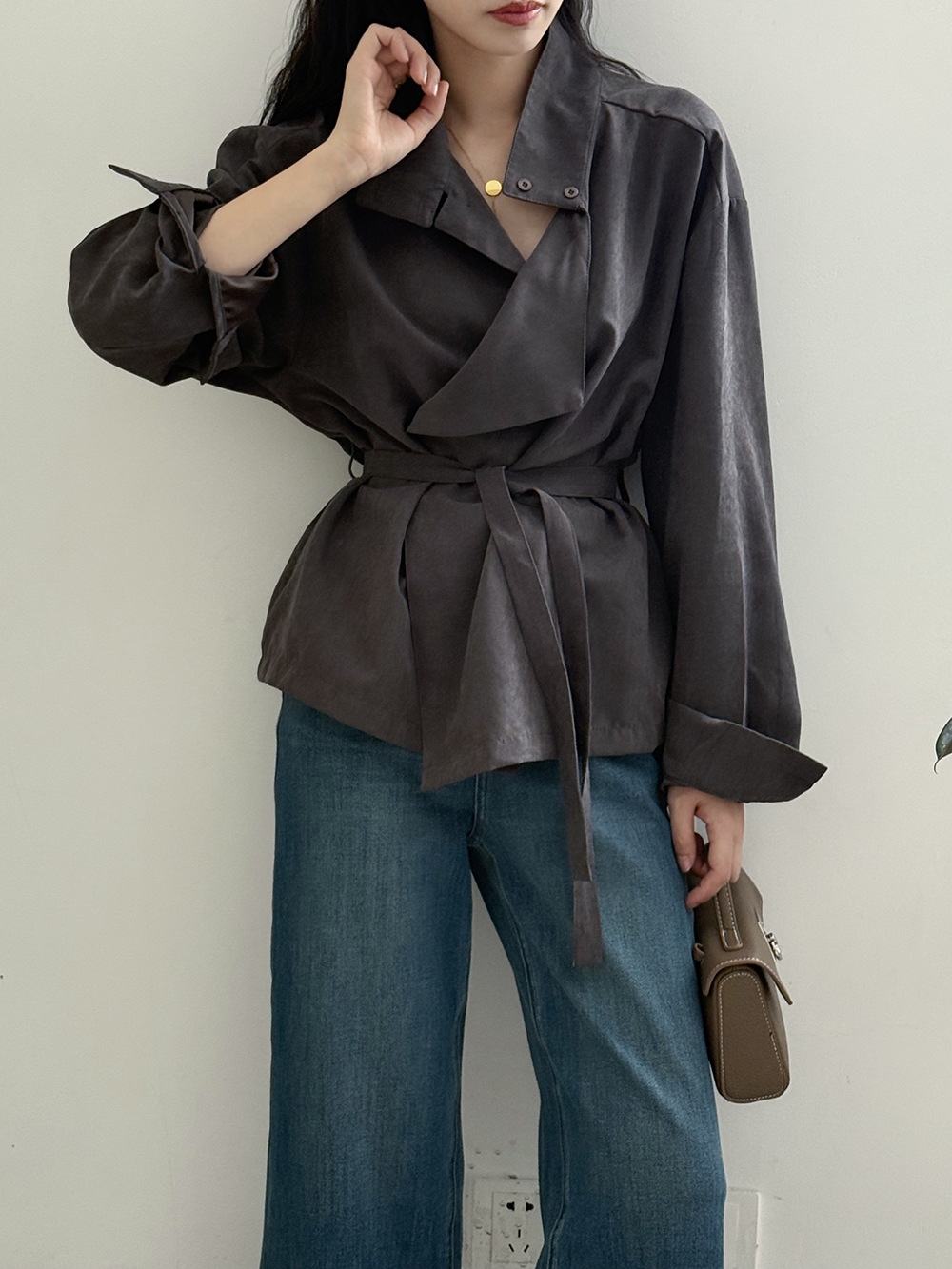 骨格ストレートスタンドカラーシャツトップス