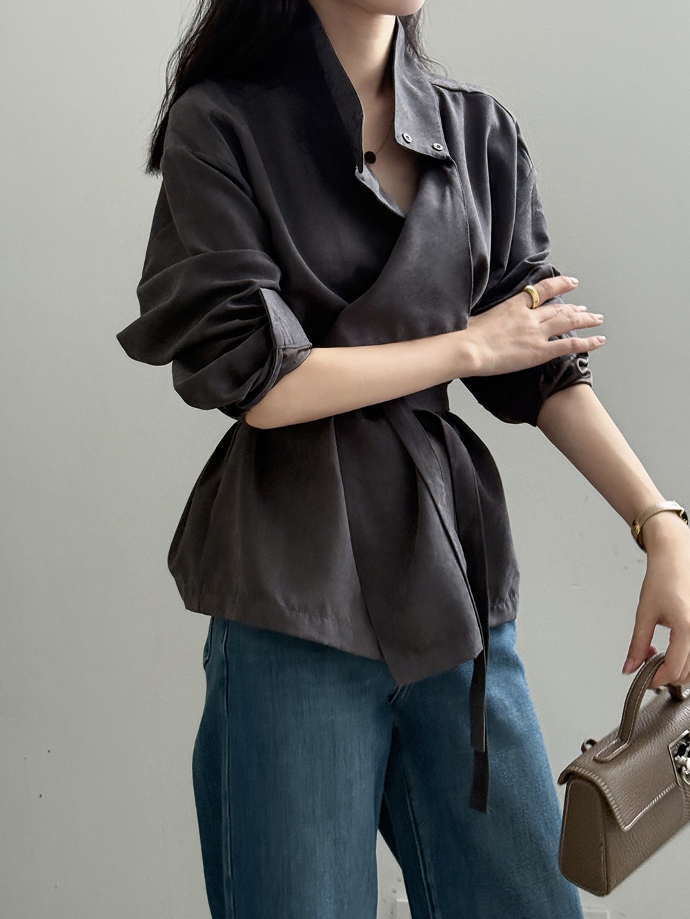 骨格ストレートスタンドカラーシャツトップス