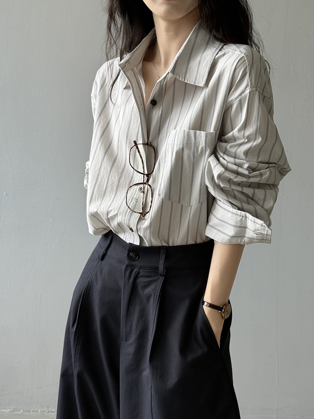 骨格ストレートシャツカラーストライプシャツ