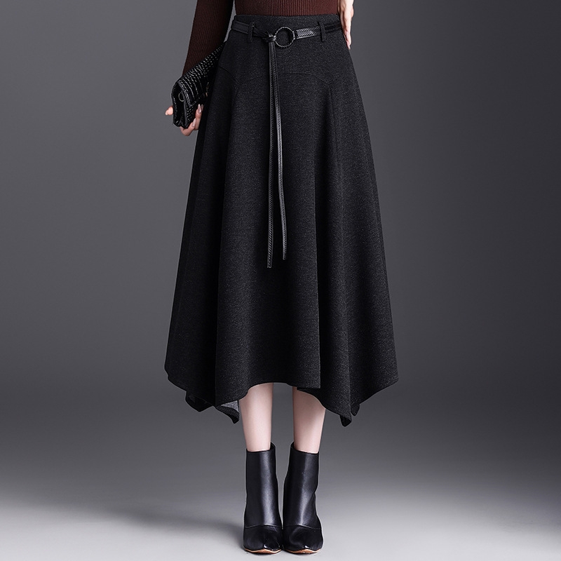 骨格ウェーブベルト付きアシンメトリーヘム ロングフレアスカート