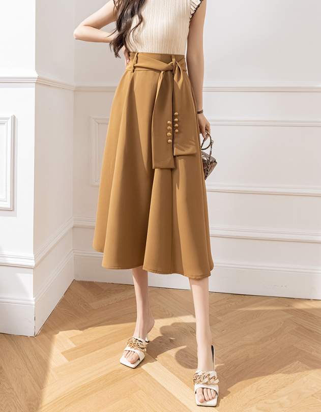 骨格ウェーブウエストタイ付フレアスカート