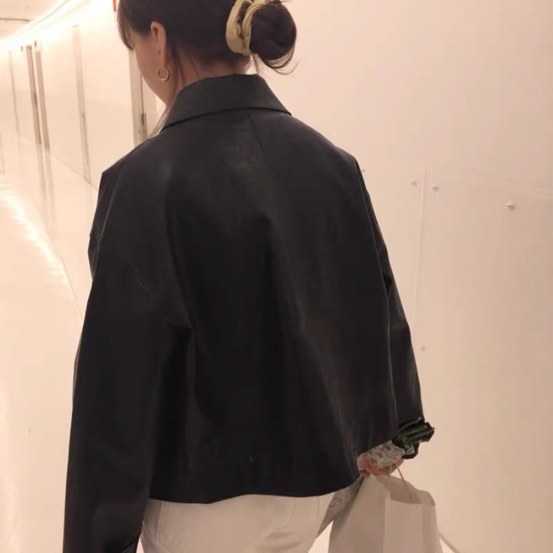 骨格ストレートシャツカラーPUレザージャケット