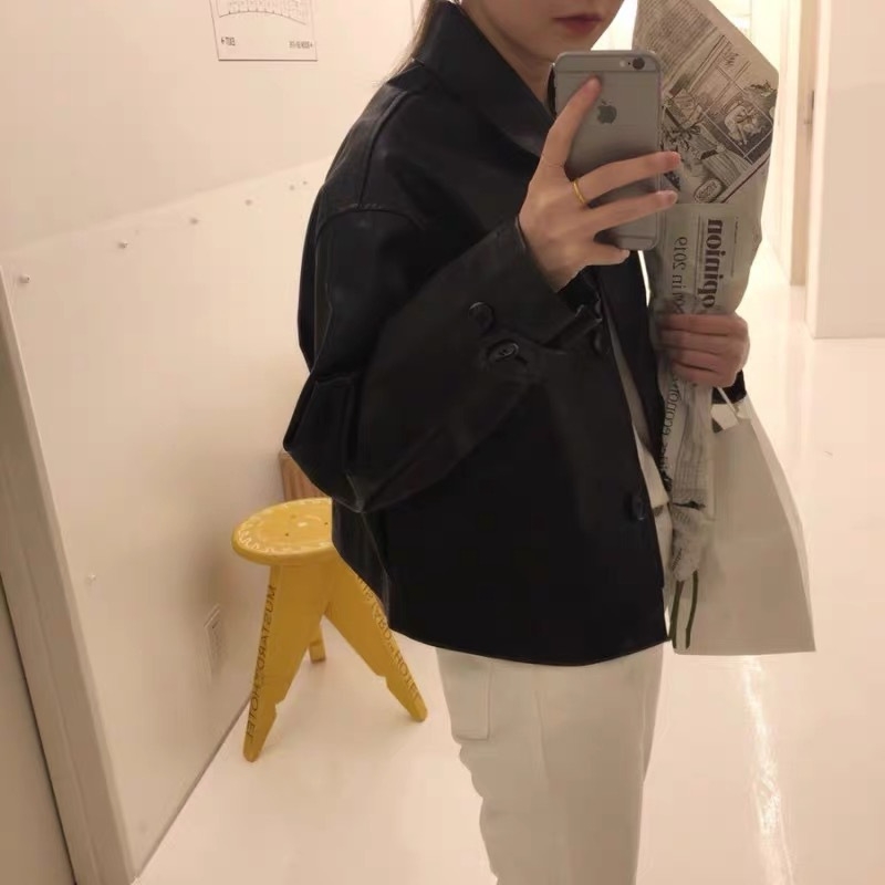 骨格ストレートシャツカラーPUレザージャケット