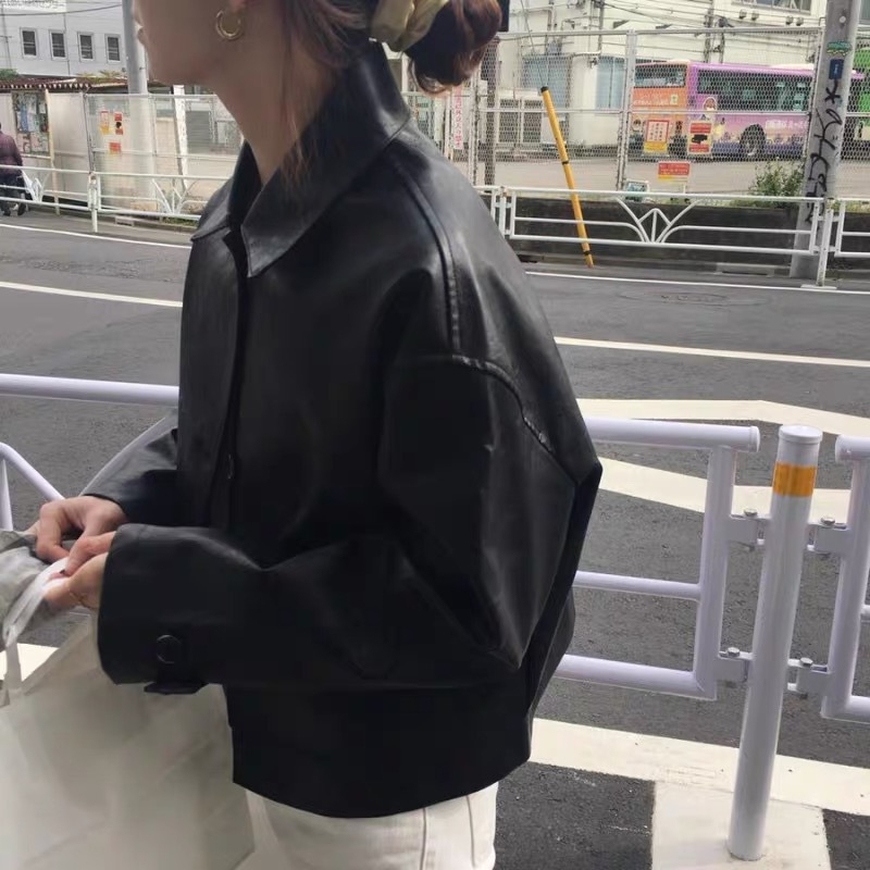 骨格ストレートシャツカラーPUレザージャケット