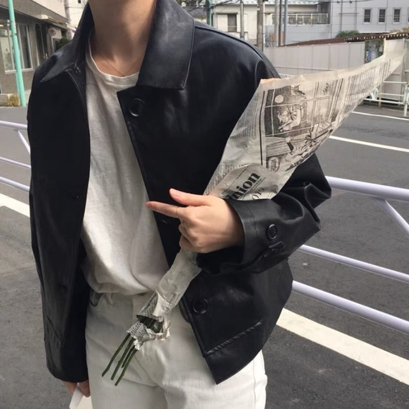 骨格ストレートシャツカラーPUレザージャケット