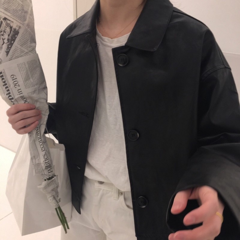 骨格ストレートシャツカラーPUレザージャケット