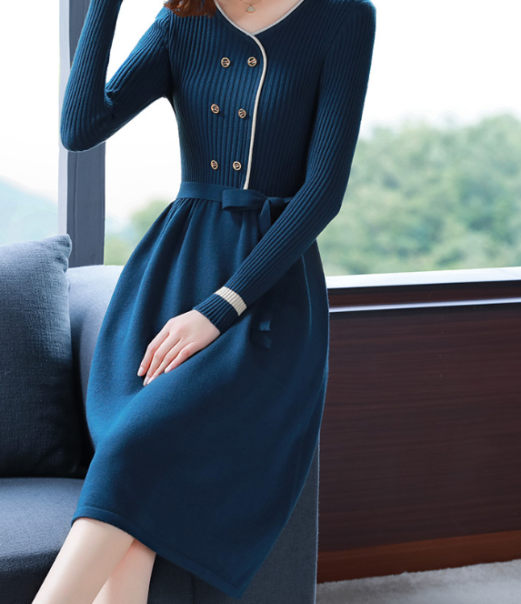 骨格ウェーブベルト付きパフスリーブニットワンピース