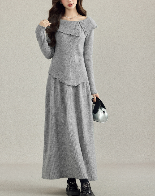 骨格ウェーブオフショルニットスカートセットアップ