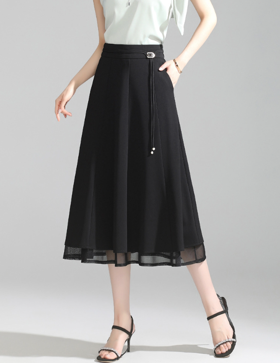 骨格ウェーブAラインスカートベルト付きシフォンスカート