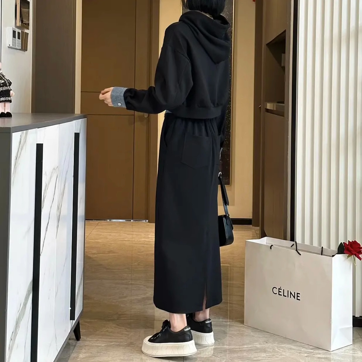 骨格ストレートスウェットレイヤードスタイルスカートセットアップ