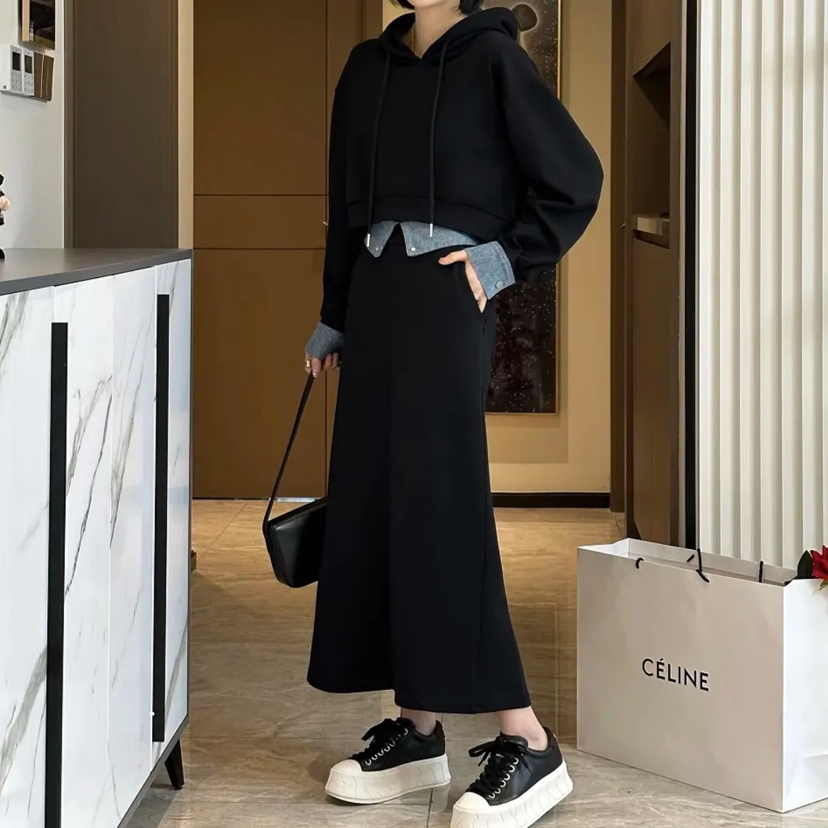 骨格ストレートスウェットレイヤードスタイルスカートセットアップ