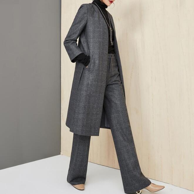 骨格ストレートグレンチェック柄パンツスーツ