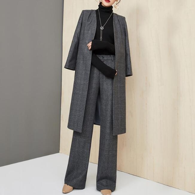 骨格ストレートグレンチェック柄パンツスーツ