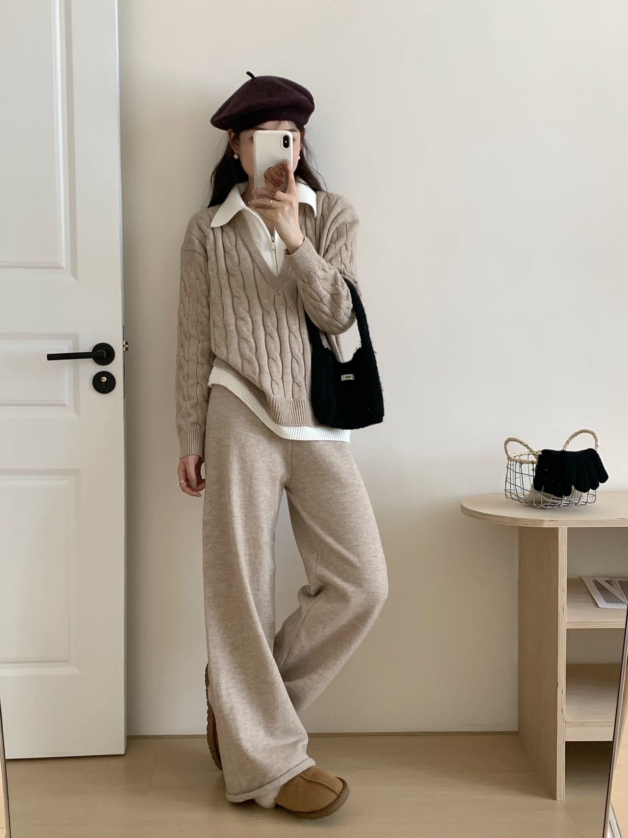 骨格ストレートレイヤードケーブニット＆パンツセットアップ