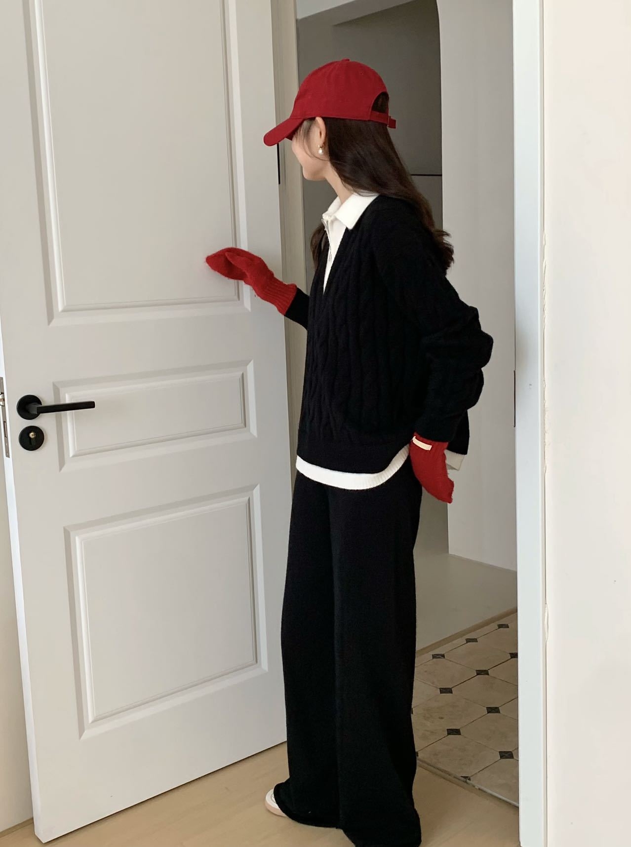 骨格ストレートレイヤードケーブニット＆パンツセットアップ