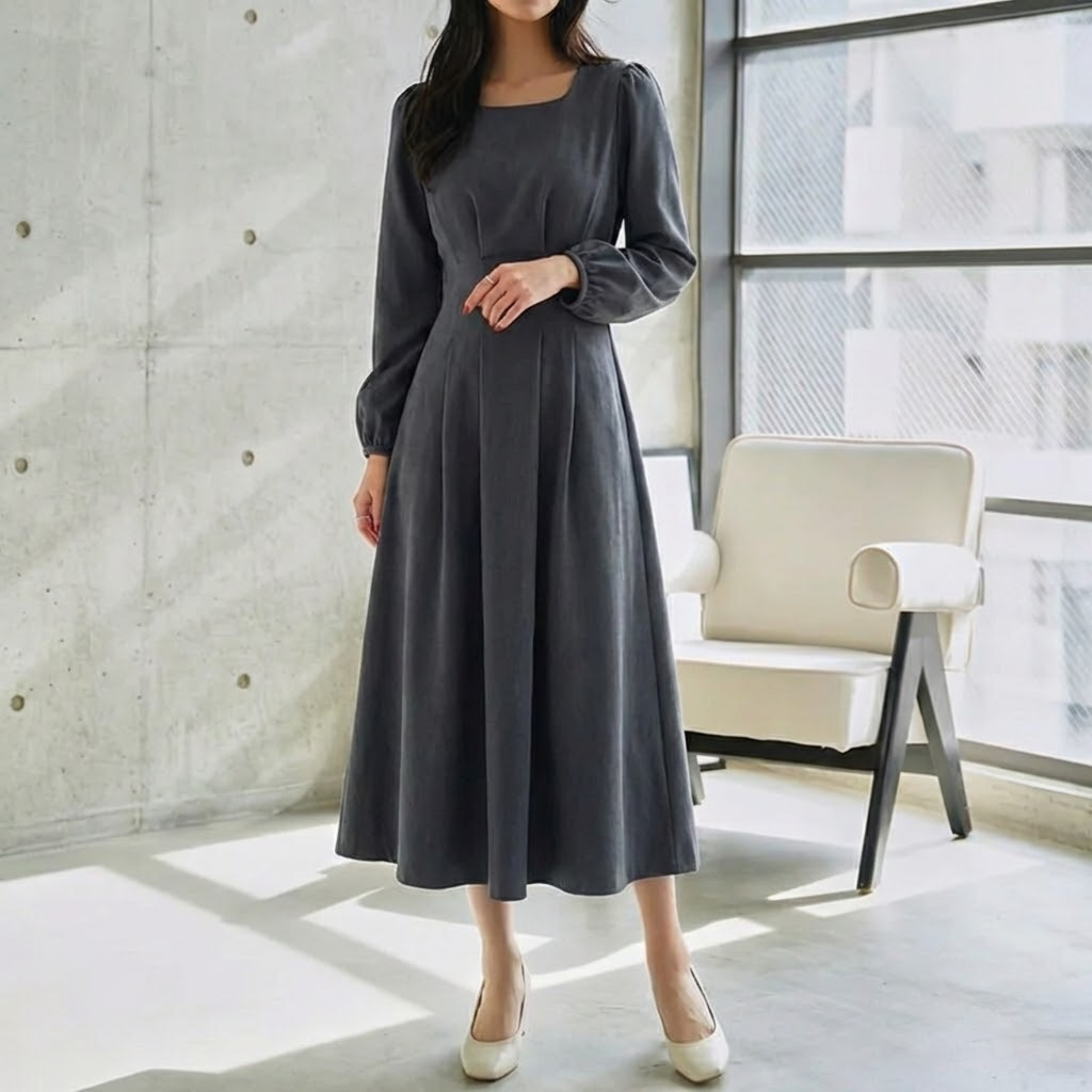 骨格ウェーブ服ウエストタックロングワンピース