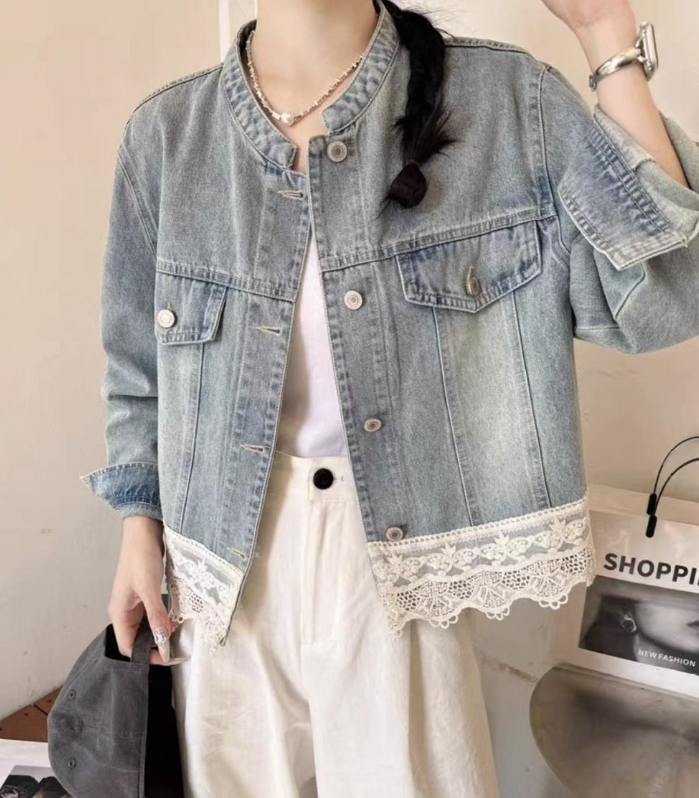 骨格ウェーブ裾レースショート丈デニムジャケット