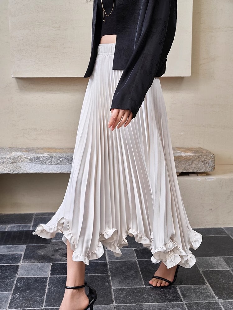 骨格ウェーブプリーツ ヘムフリル フレア スカート