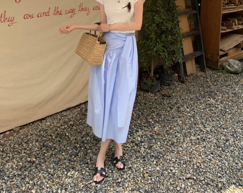 骨格ウェーブウエストリボンドレープフレアスカート